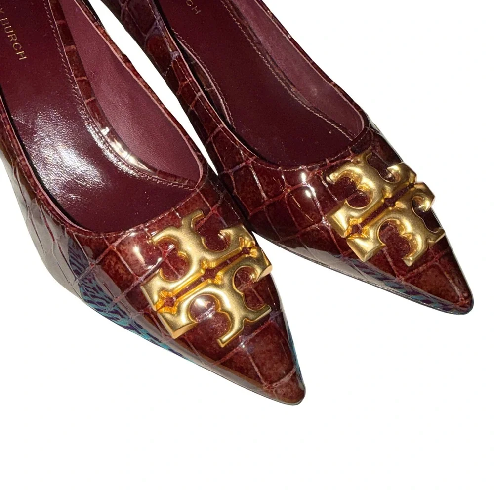 Tory Burch Eleanor Womens 6.5M Pre-Owned Heels Burgundy Croc Embossed Gold Logo